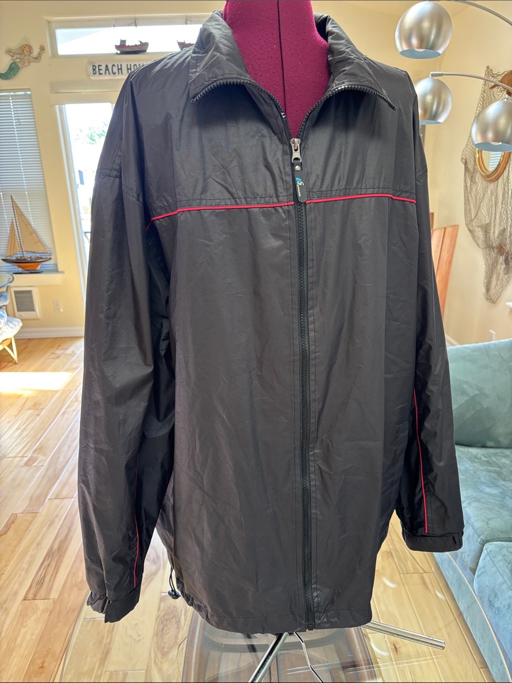 Men's Black Windbreaker Jacket with Red Trim